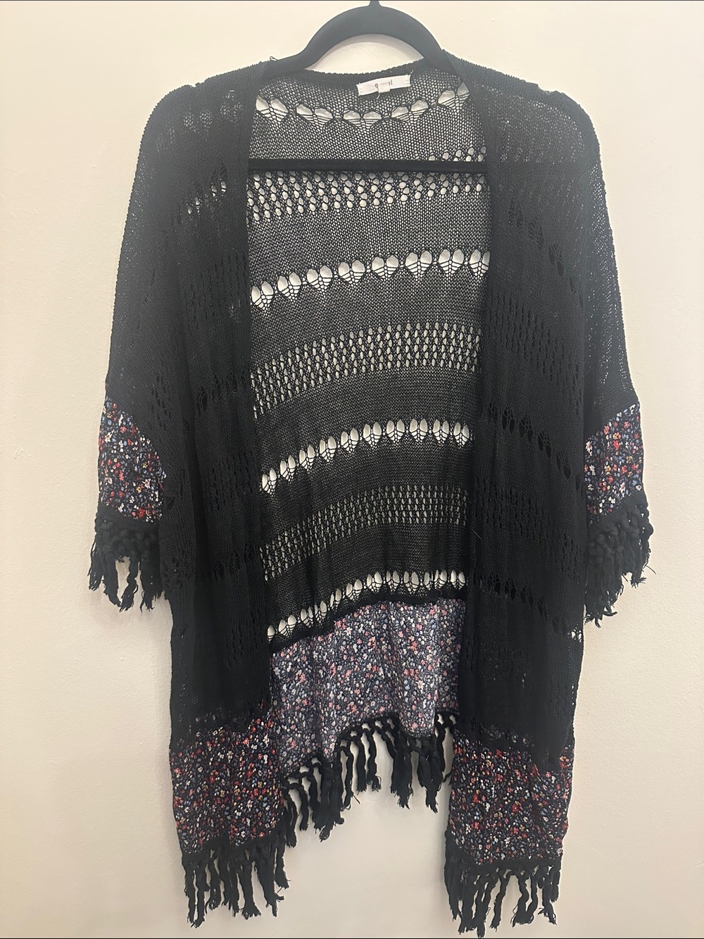 easel Black Open-Knit Fringe Tassels Cardigan with Floral Panels Sz S/M Coverup